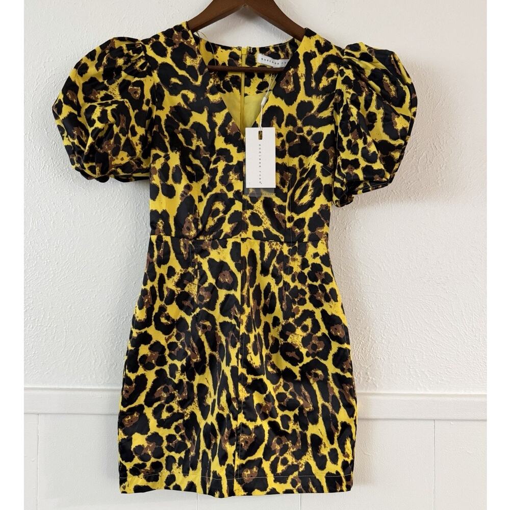Endless Rose Leopard Print Puff Sleeve Mini Dress XS NWT V Neck Bodycon - Picture 3 of 9